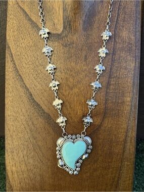 Navajo Sterling Silver Blue Turquoise Heart Lariat Chain Necklace KY